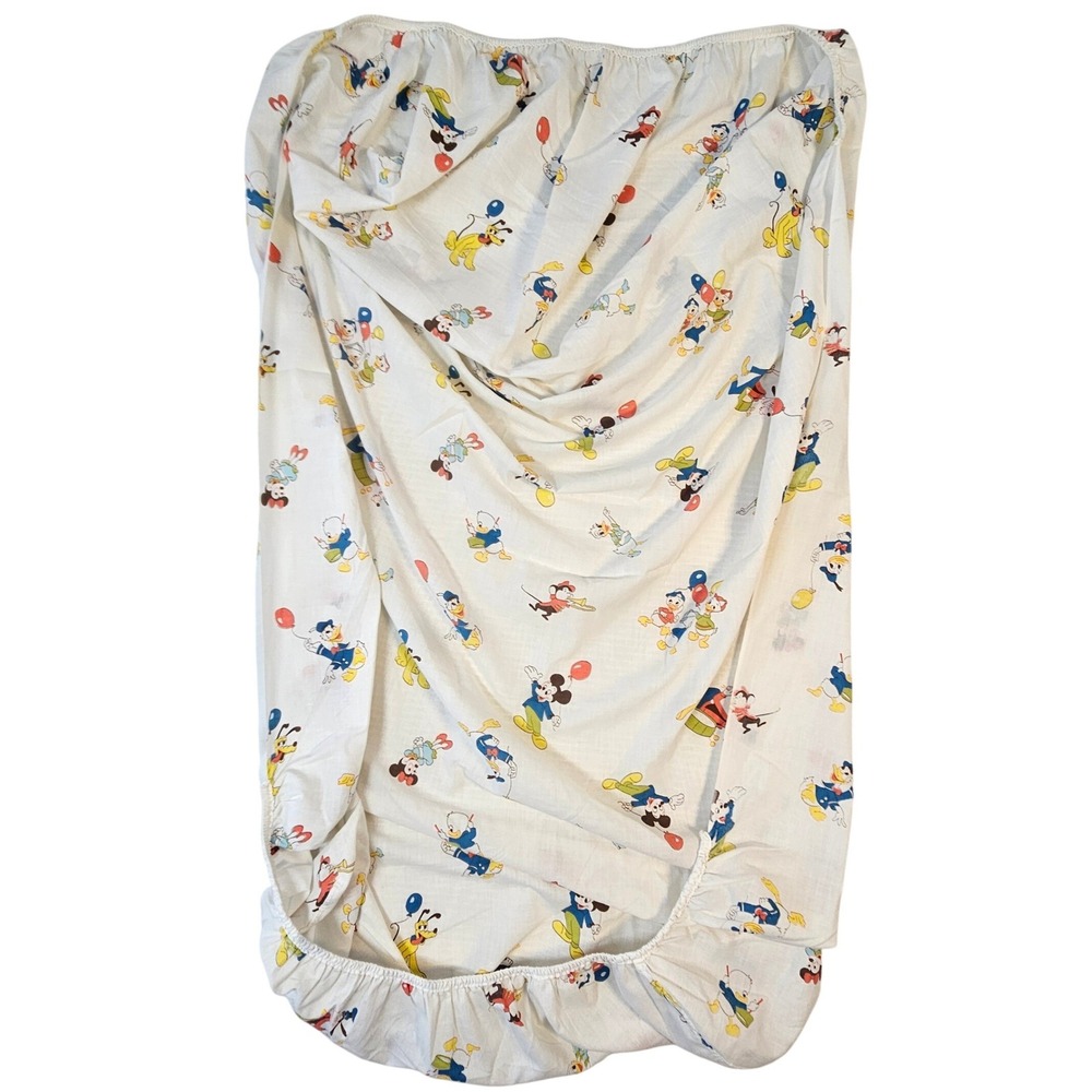 Vintage Disney Mickey Mouse Donald Duck Pluto Fit Crib Sheet White Multi Color